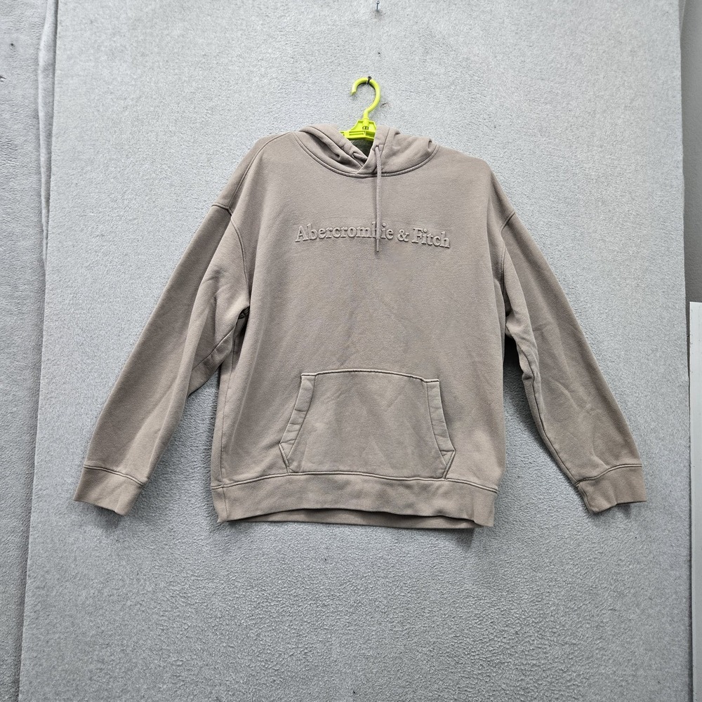 Abercrombie & Fitch Men Hoodie XL Taupe Embroidered Fleece Logo Spellout Y2K